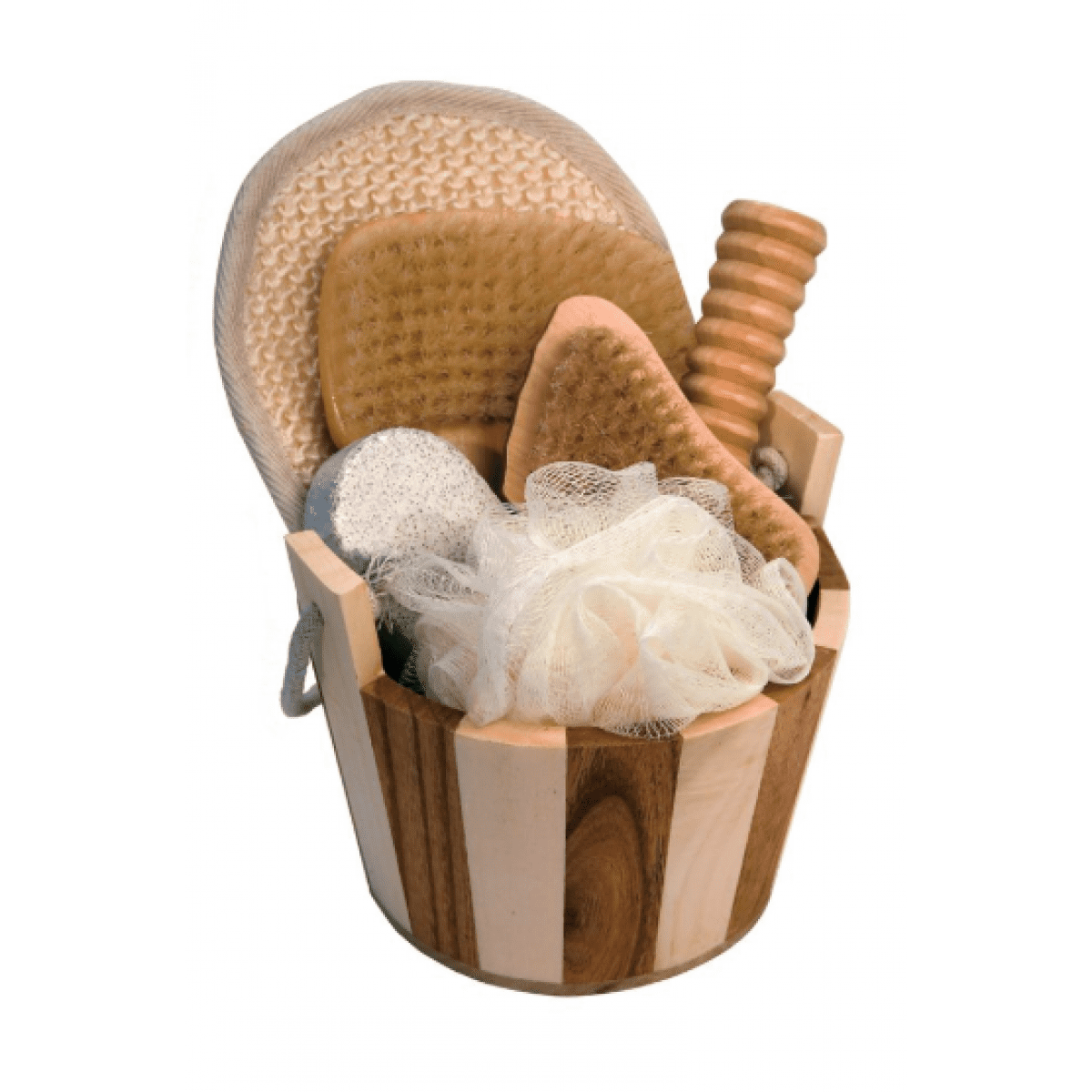 Wellness gavesæt i træspand med frottéhandske, pimpsten, rulle og børster